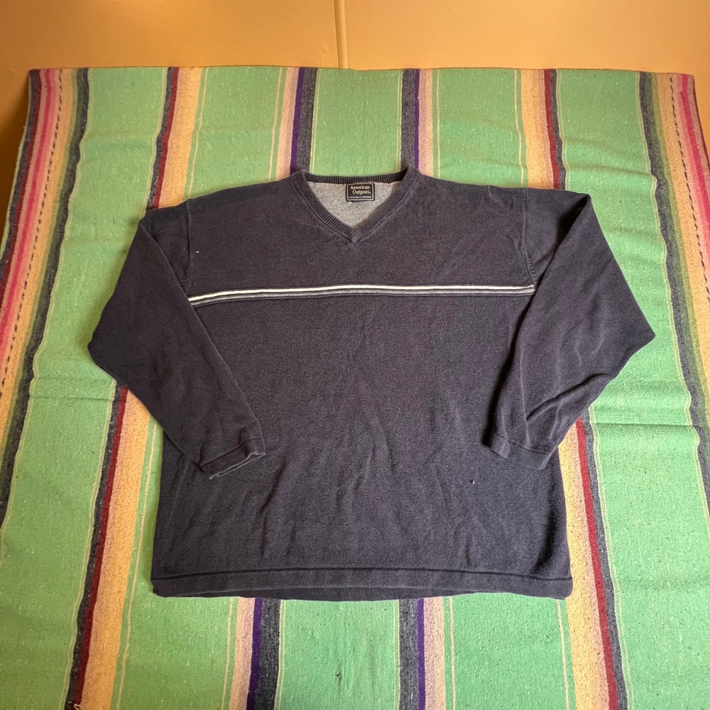 American Outpost Sweater Mens L Blue V-Neck Ramie Cotton Striped Long Sleeve